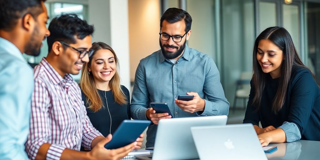 Team communication in a tech-driven office setting.