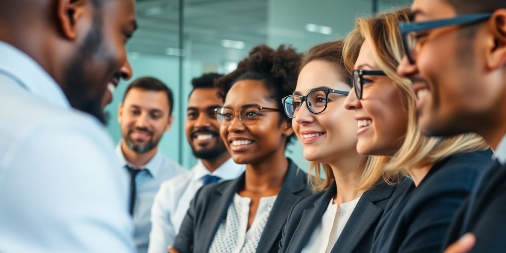 Diverse professionals in discussion within a modern office setting.