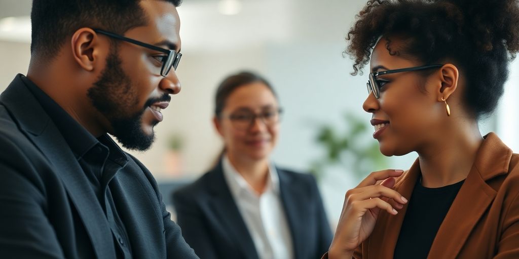 Two diverse leaders conversing in an office setting.